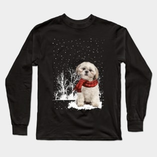 Christmas Shih Tzu With Scarf In Winter Forest Long Sleeve T-Shirt